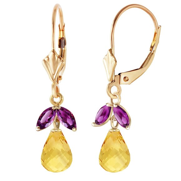 14K. GOLD LEVERBACK EARRING W CITRINES & AMETHYST - Picture 2 of 4